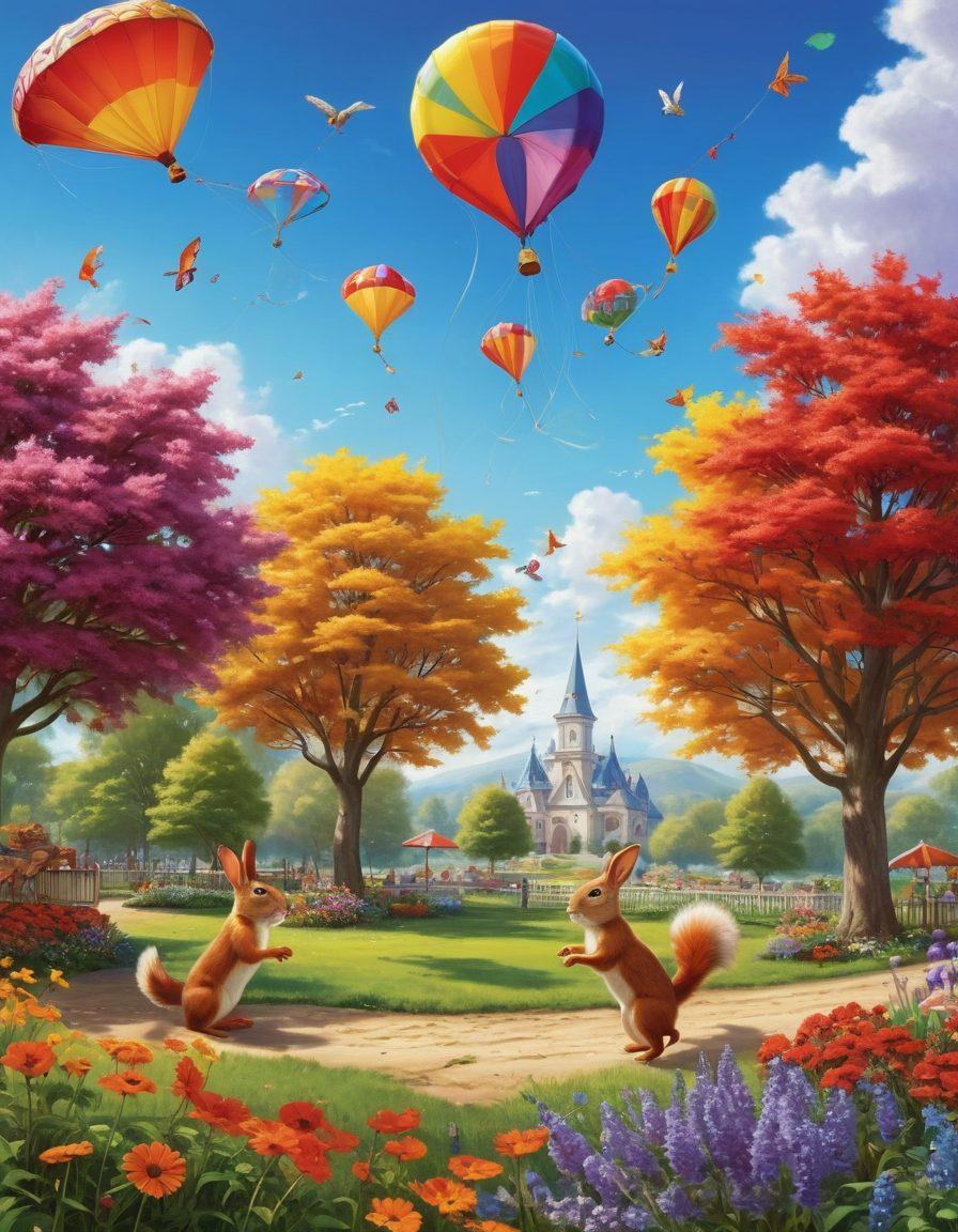 A whimsical scene featuring playful animals having fun in a sunny park, colorful kites flying in the sky, children laughing while playing games, and an array of bright flowers surrounding them. The atmosphere should be cheerful and vibrant, capturing the essence of lighthearted joy and amusement. super-realistic. vibrant colors. cheerful mood.