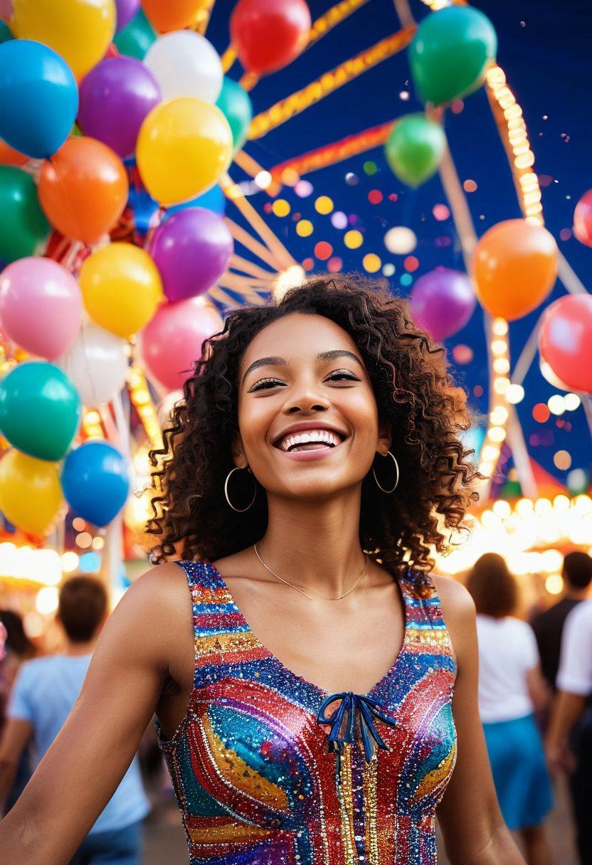 A person with a radiant smile, surrounded by colorful balloons and confetti, engaging in joyful activities like dancing and playing games. The background features a whimsical carnival with bright lights and a fun Ferris wheel, evoking a sense of lively entertainment. Include elements of laughter and celebration in the atmosphere. vibrant colors. whimsical art.