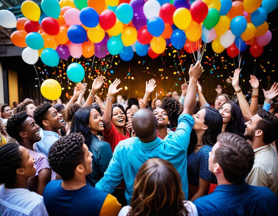 A whimsical scene depicting a diverse group of people joyously engaging in various forms of entertainment, such as watching a movie, playing games, and enjoying live music. Colorful balloons and confetti float in the air, symbolizing celebration and happiness. Sunlight streams down, creating a warm, inviting atmosphere. Emphasize laughter and connection among individuals, encapsulating the essence of blissful engagement. vibrant colors. super-realistic.